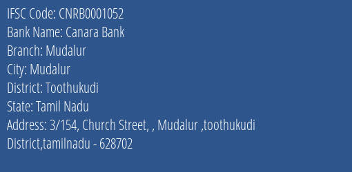 Canara Bank Mudalur Branch Toothukudi IFSC Code CNRB0001052