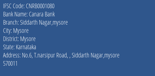 Canara Bank Siddarth Nagar Mysore Branch Mysore IFSC Code CNRB0001080