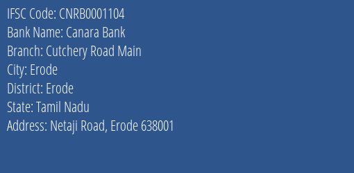 Canara Bank Cutchery Road Main Branch, Branch Code 001104 & IFSC Code CNRB0001104