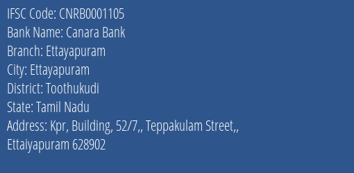 Canara Bank Ettayapuram Branch Toothukudi IFSC Code CNRB0001105