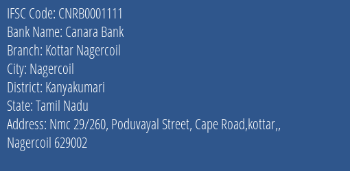 Canara Bank Kottar Nagercoil Branch Kanyakumari IFSC Code CNRB0001111