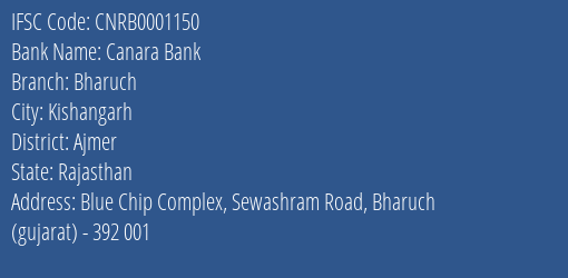 Canara Bank Bharuch Branch, Branch Code 001150 & IFSC Code Cnrb0001150