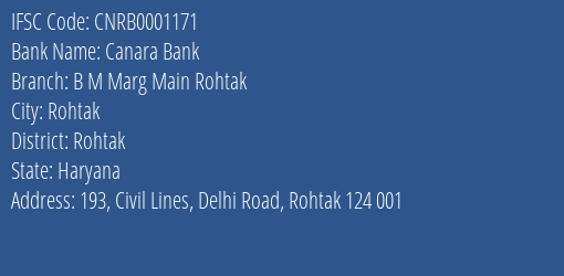 Canara Bank B M Marg Main Rohtak Branch, Branch Code 001171 & IFSC Code CNRB0001171