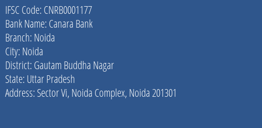 Canara Bank Noida Branch, Branch Code 001177 & IFSC Code CNRB0001177