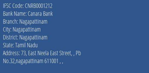 Canara Bank Nagapattinam Branch Nagapattinam IFSC Code CNRB0001212