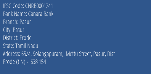 Canara Bank Pasur Branch, Branch Code 001241 & IFSC Code CNRB0001241