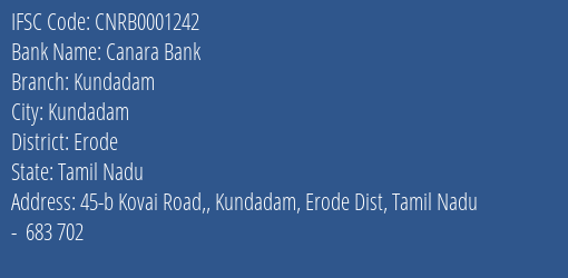 Canara Bank Kundadam Branch, Branch Code 001242 & IFSC Code CNRB0001242