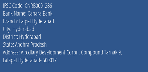 Canara Bank Lalpet Hyderabad Branch Hyderabad IFSC Code CNRB0001286