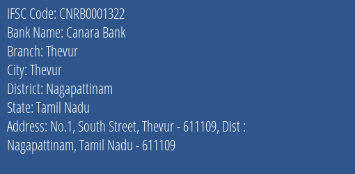 Canara Bank Thevur Branch Nagapattinam IFSC Code CNRB0001322