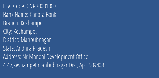 Canara Bank Keshampet Branch Mahbubnagar IFSC Code CNRB0001360