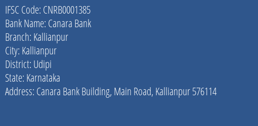 Canara Bank Kallianpur Branch Udipi IFSC Code CNRB0001385