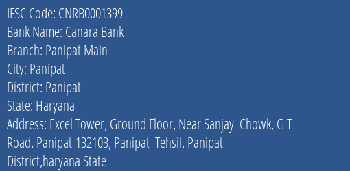 Canara Bank Panipat Main Branch, Branch Code 001399 & IFSC Code CNRB0001399