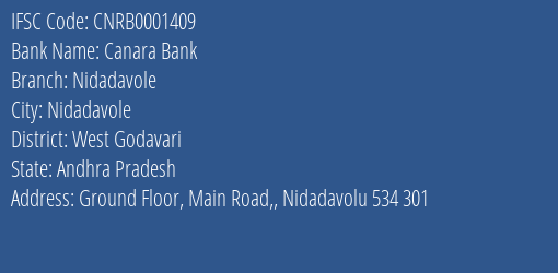 Canara Bank Nidadavole Branch West Godavari IFSC Code CNRB0001409
