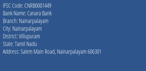 Canara Bank Nainarpalayam Branch, Branch Code 001449 & IFSC Code CNRB0001449