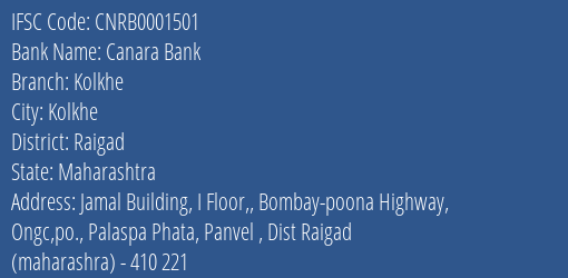 Canara Bank Kolkhe Branch Raigad IFSC Code CNRB0001501