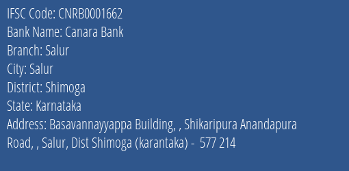 Canara Bank Salur Branch Shimoga IFSC Code CNRB0001662