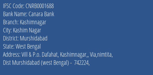 Canara Bank Kashimnagar Branch Murshidabad IFSC Code CNRB0001688
