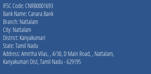 Canara Bank Nattalam Branch Kanyakumari IFSC Code CNRB0001693