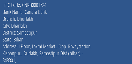 Canara Bank Dhurlakh Branch Samastipur IFSC Code CNRB0001724