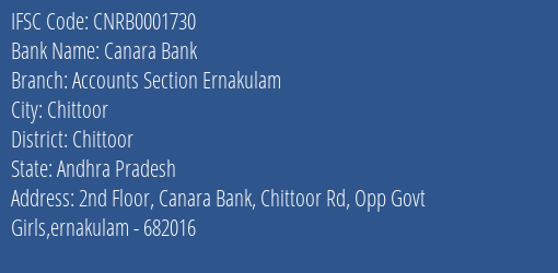 Canara Bank Accounts Section Ernakulam Branch Chittoor IFSC Code CNRB0001730