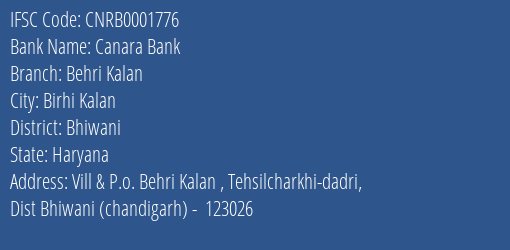 Canara Bank Behri Kalan Branch, Branch Code 001776 & IFSC Code Cnrb0001776