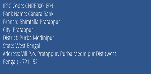 Canara Bank Bhimtalla Pratappur Branch, Branch Code 001804 & IFSC Code CNRB0001804