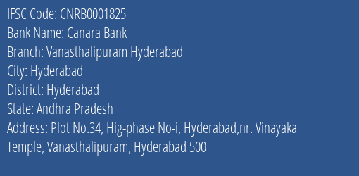 Canara Bank Vanasthalipuram Hyderabad Branch Hyderabad IFSC Code CNRB0001825