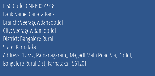 Canara Bank Veeragowdanadoddi Branch Bangalore Rural IFSC Code CNRB0001918