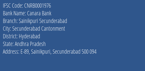 Canara Bank Sainikpuri Secunderabad Branch Hyderabad IFSC Code CNRB0001976