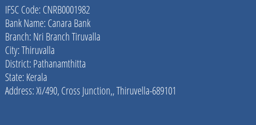 Canara Bank Nri Branch Tiruvalla Branch Pathanamthitta IFSC Code CNRB0001982