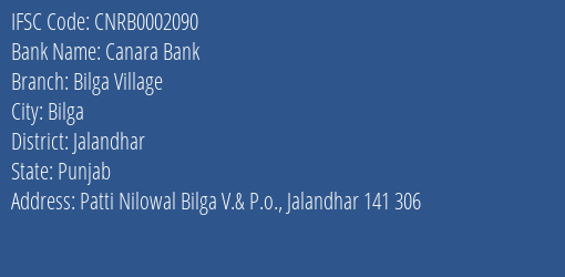 Canara Bank Bilga Village Branch Jalandhar IFSC Code CNRB0002090