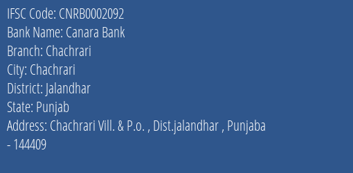 Canara Bank Chachrari Branch Jalandhar IFSC Code CNRB0002092