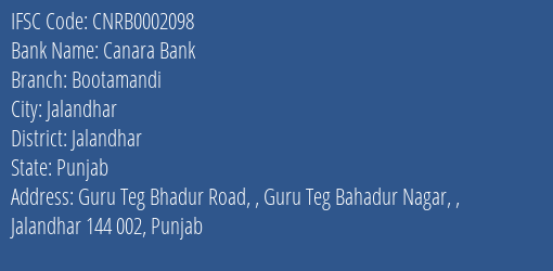 Canara Bank Bootamandi Branch Jalandhar IFSC Code CNRB0002098