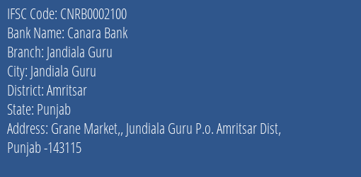Canara Bank Jandiala Guru Branch Amritsar IFSC Code CNRB0002100