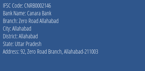Canara Bank Zero Road Allahabad Branch Allahabad IFSC Code CNRB0002146