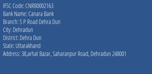 Canara Bank S P Road Dehra Dun Branch Dehra Dun IFSC Code CNRB0002163