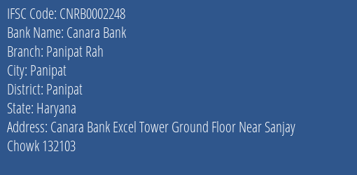 Canara Bank Panipat Rah Branch Panipat IFSC Code CNRB0002248