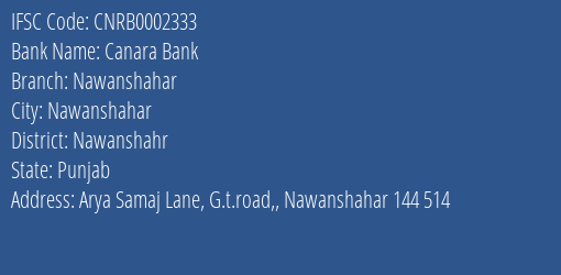 Canara Bank Nawanshahar Branch Nawanshahr IFSC Code CNRB0002333