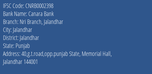 Canara Bank Nri Branch Jalandhar Branch Jalandhar IFSC Code CNRB0002398