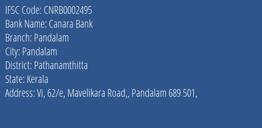Canara Bank Pandalam Branch Pathanamthitta IFSC Code CNRB0002495
