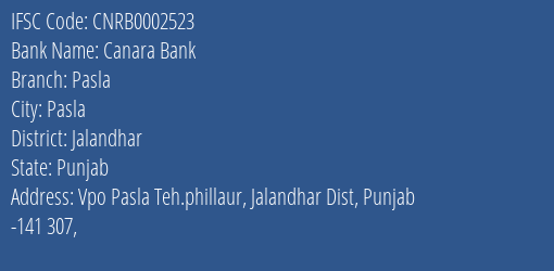 Canara Bank Pasla Branch Jalandhar IFSC Code CNRB0002523