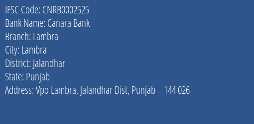 Canara Bank Lambra Branch Jalandhar IFSC Code CNRB0002525
