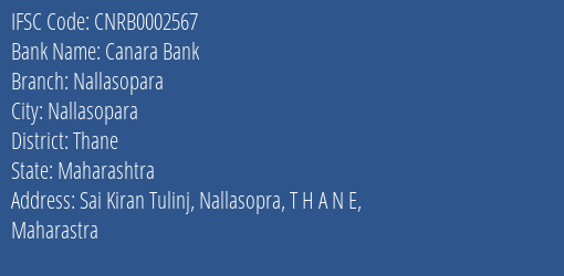 Canara Bank Nallasopara Branch Thane IFSC Code CNRB0002567