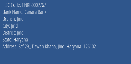 Canara Bank Jind Branch, Branch Code 002767 & IFSC Code CNRB0002767