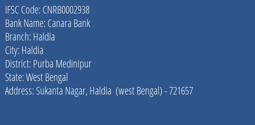 Canara Bank Haldia Branch Purba Medinipur IFSC Code CNRB0002938