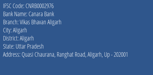 Canara Bank Vikas Bhavan Aligarh Branch Aligarh IFSC Code CNRB0002976