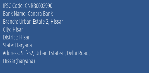 Canara Bank Urban Estate 2 Hissar Branch Hisar IFSC Code CNRB0002990