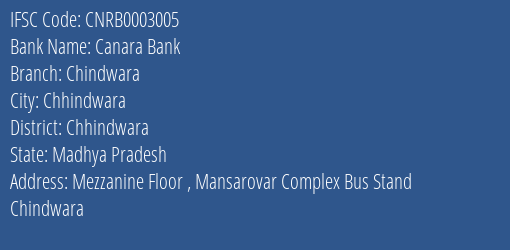 Canara Bank Chindwara Branch Chhindwara IFSC Code CNRB0003005