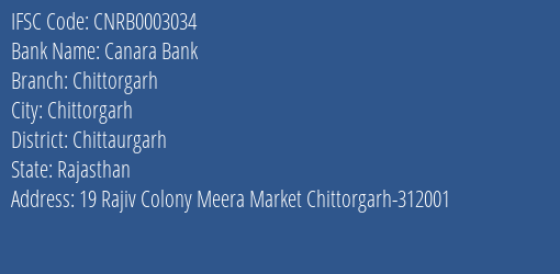 Canara Bank Chittorgarh Branch, Branch Code 003034 & IFSC Code CNRB0003034