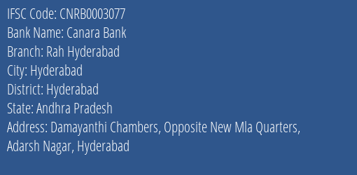 Canara Bank Rah Hyderabad Branch Hyderabad IFSC Code CNRB0003077